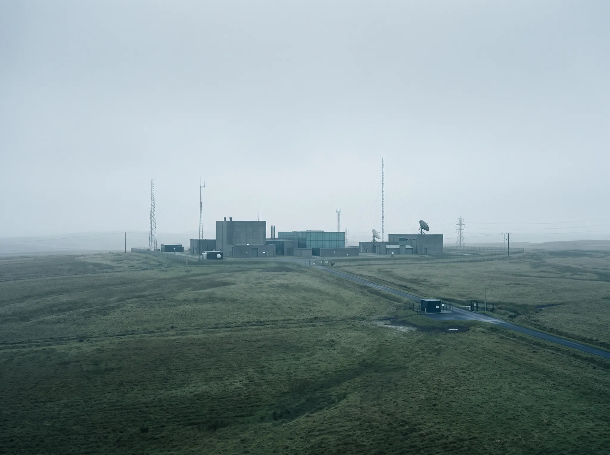 A remote secure communications facility in a misty British landscape