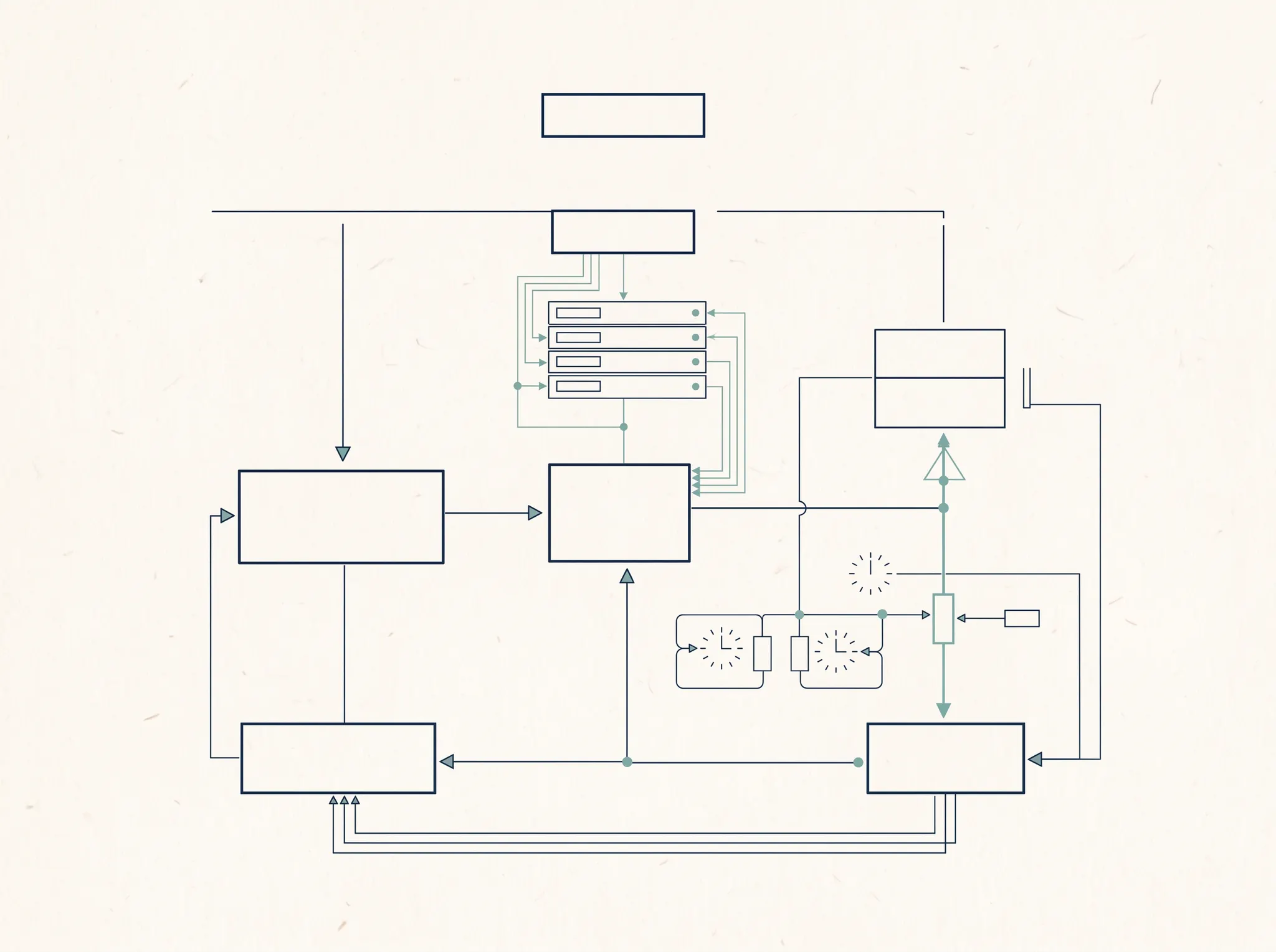 A restrained systems diagram representing connected AI agents and orchestration