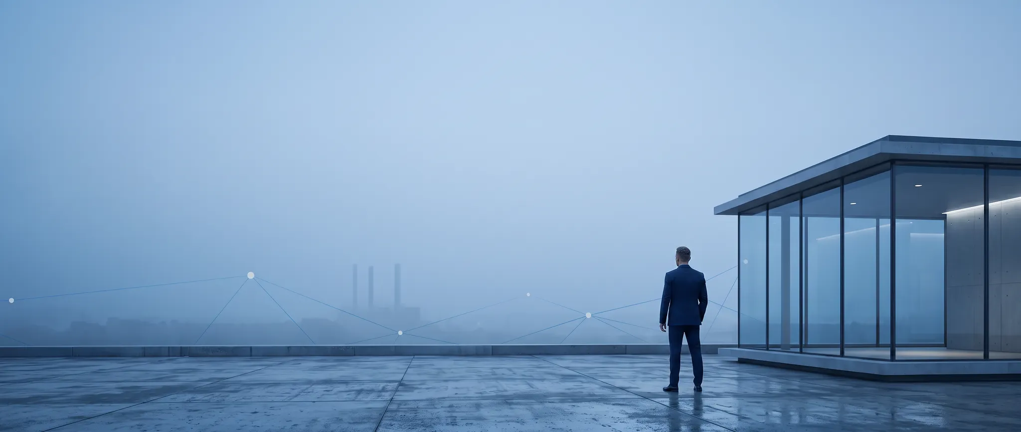 An anonymous security professional seen from behind, overlooking a misty industrial landscape beside a glass pavilion